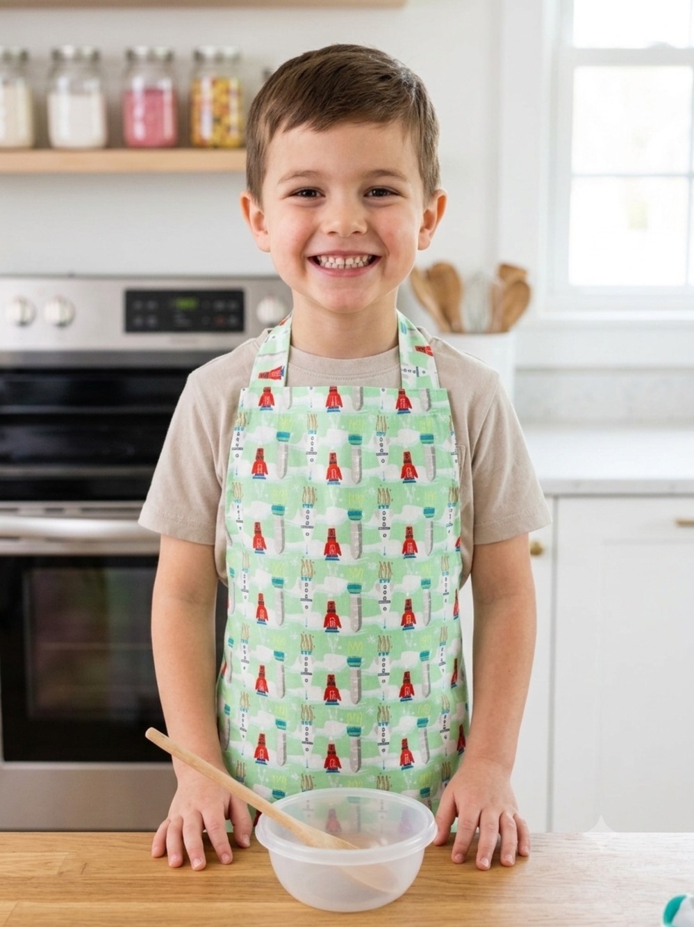 2096 - Green Utensil-Print Kitchen Apron with Neck and Waist Ties
